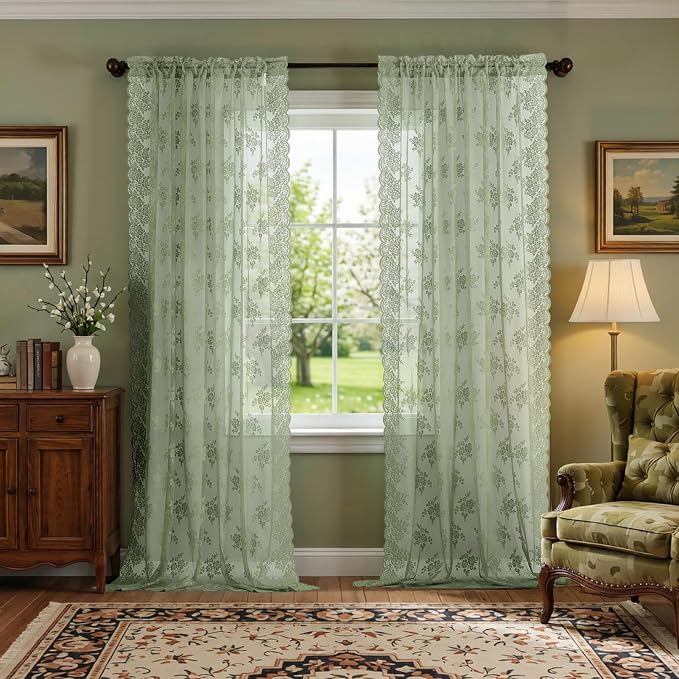 Kotile Sage Green Sheer Curtains 63 Inch Length 2 Panels, Knitted Rustic Floral Pattern Rod Pocket Lace Spring Sheer Curtains for Bedroom, Privacy Scalloped Lace Sage Curtain, 52 x 63 Inch