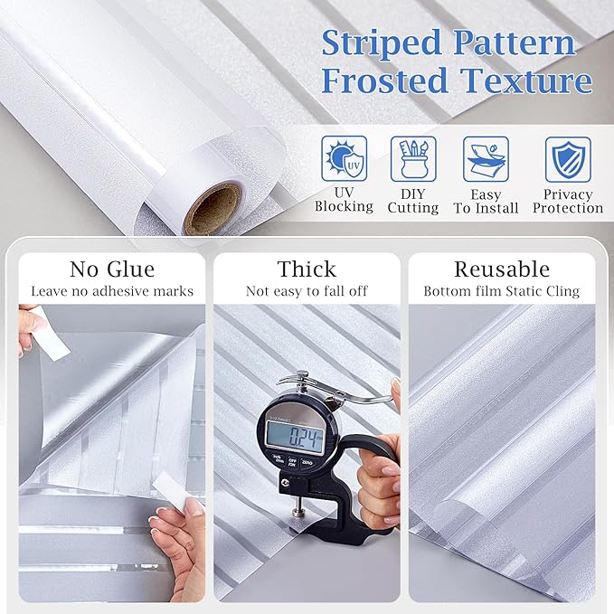 VIseeko Window Privacy Film, Blinds Style Frosted Vinyl for Glass Windows Decorative Static Cling Anti Uv Film for Home,Glass Door,Bathroom,Office