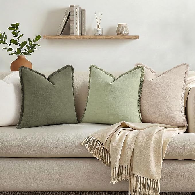 decorUhome Linen Fringe Euro Sham Throw Pillow Covers Set of 2 Decorative Natural Beige Pillow Covers with Tassels Soft Accent Boho Farmhouse Pillow Cases for Couch Bed Sofa 22x22 Inch