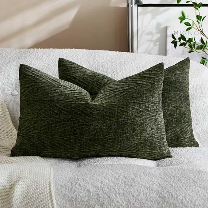 Summer Pillow Covers 12x20 Inch Set of 2, Soft Decorative Throw Pillow Covers with Leaves Texture, Hidden Zipper for Home Sofa Bed Couch (Olive Green, 12" x 20" (Pack of 2))
