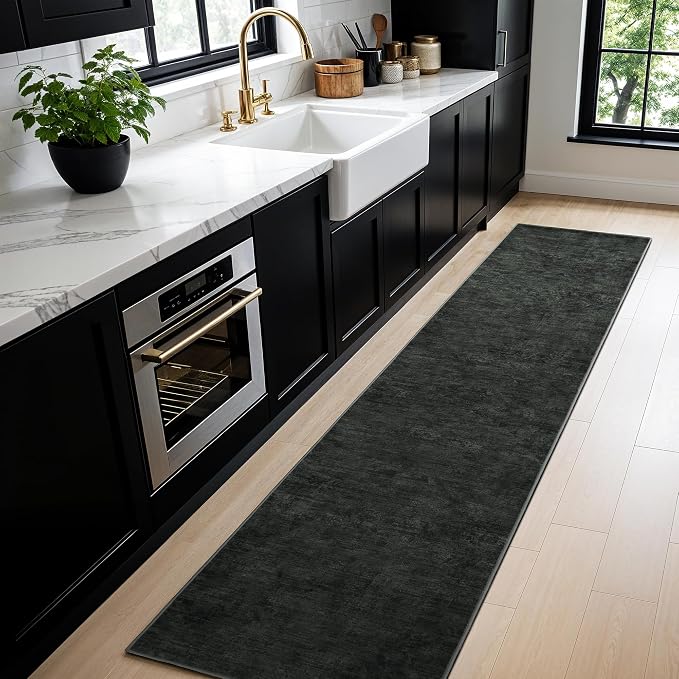 LIANLAM 2x6 Washable Runner Rugs, Black Stainproof Non-Slip for Hallway | Low pile washable runner rug, stain-resistant & non-slip backing, pet & kids friendly for hallway kitchen bedroom(2x6,Black)