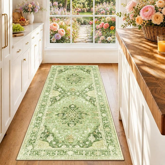 RELEANY Area Rugs Runner 2'x6' Washable Non-Slip, Floral Vintage Distress Medallion Carpet for Kitchen Hallway Bedroom Beside Laundry Room Bathroom, Sage Green Yellow