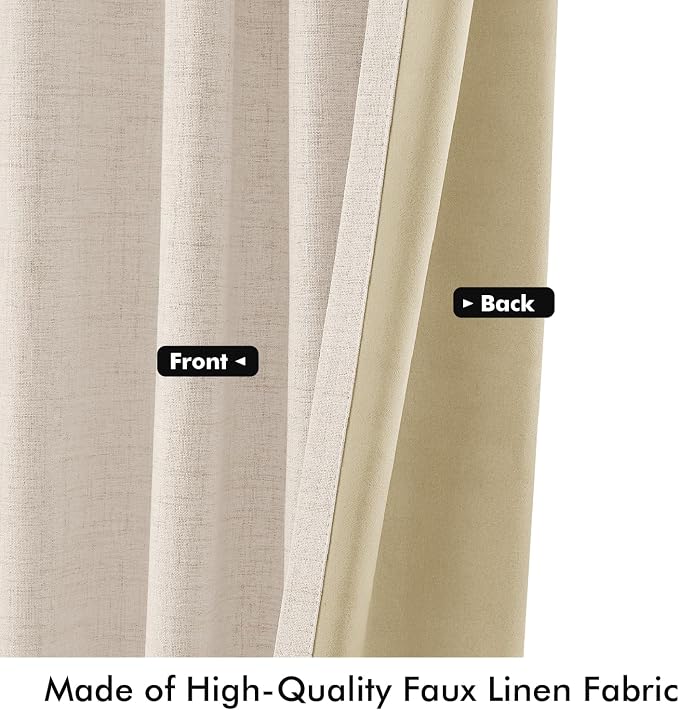 MIULEE 100% Blackout Linen Curtains for Bedroom, Cream Beige Solid Luxury Decor Thermal Insulation Room Darkening Drapes for Living Room Back Tab Rod Pocket 42 x 63 Inches, 2 Panels
