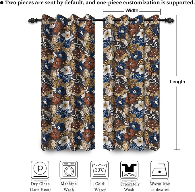 Renaiss Bohemian Floral Blackout Curtains, Blue Brown White Flower Thermal Insulated Bedroom Window Curtains, Boho Style Patterned Window Curtains for Kitchen, 63" L x 53" W 2 Panel Set