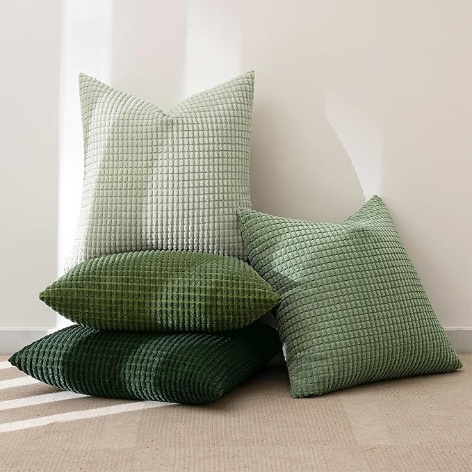 MIULEE Forest Green Boho Euro Decorative Pillow Covers 22x22 Inch Set of 4 | Boho Farmhouse Home Decor Mordern Nordic Throw Pillows Covers Summer Soft Corduroy for Couch Bed Sofa Living Room