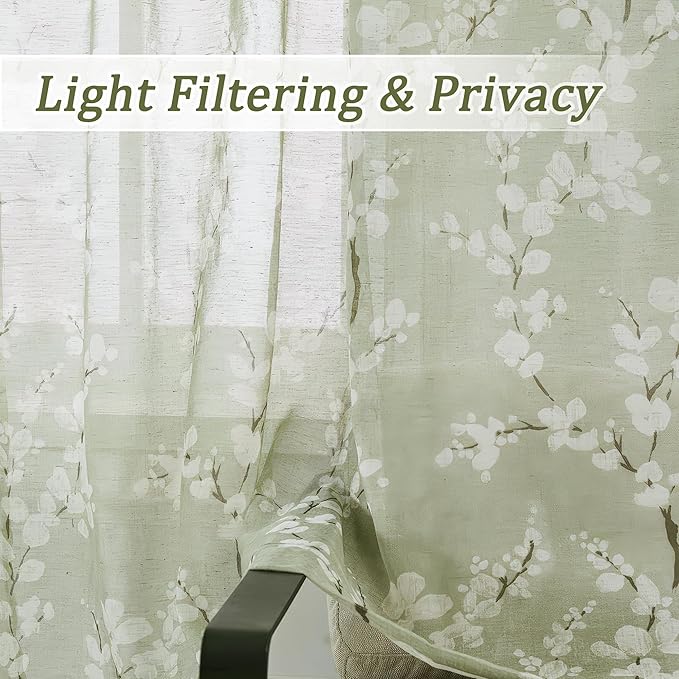 FMFUNCTEX Linen Sheer Curtains for Bedroom, Sage Green Blossom Print Curtains 63 Inch Length for Living Room, Floral Patterned Farmhouse Curtain Light Filtering Window Drapes 2 Panels, Rod Pocket