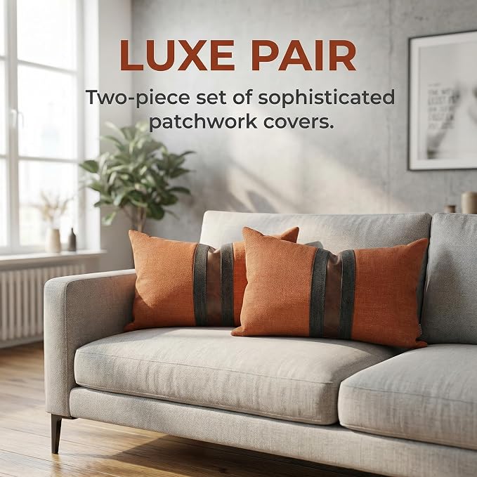 Set of 2 Leather Throw Pillow Covers Lumbar Cotton Linen Decor Patchwork Pillow Cover Faux Leather Pillows Cover for Couch Sofa Living Room Bedroom,Orange 12"x20"