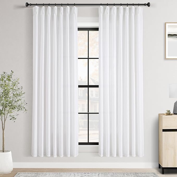 Pinch Pleated White Linen Curtains 72 inches Long for Bedroom 2 Panels Light Filtering Semi Sheer White Pinch Pleat Curtain 72 Length Modern Coastal Decor Off White Cotton Textured Window Drapes