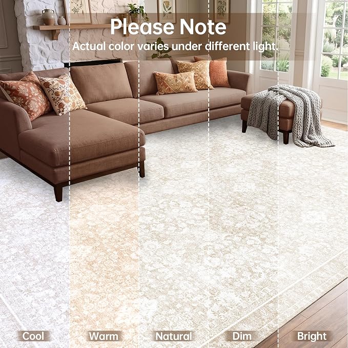Sasttie 9x12 Area Rug, Ultra-Soft Washable Rug, Low Pile Foldable Thin Carpets with Non-Slip Backing, Skin-Friendly Stain Resistant Carpet for Living Room, Bedroom, Kitchen, Dorm, 9x12, Cream