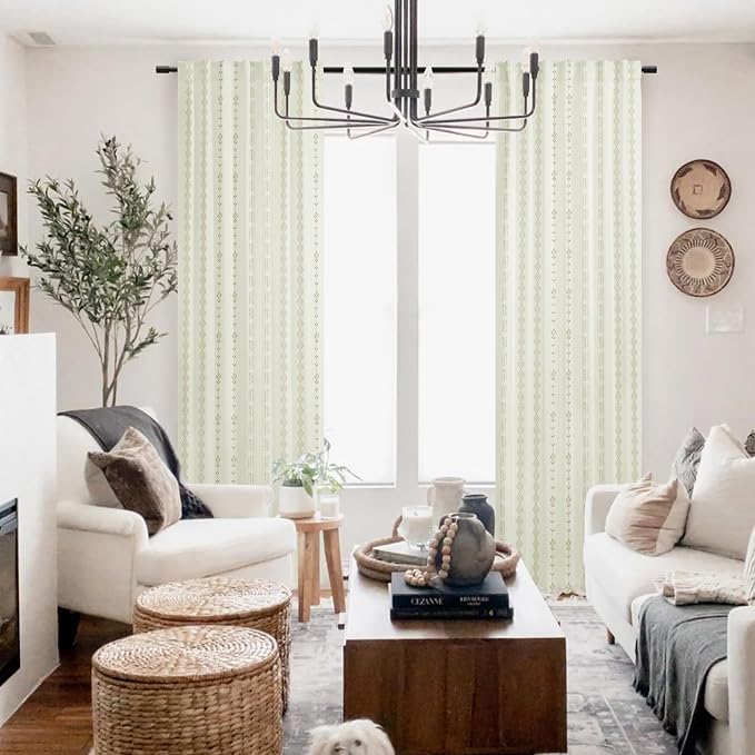 Neutral Tan Beige Country Farmhouse Curtains, Semi Blackout Boho Striped Floral Pattern Curtains for Bedroom Living Room, 84 Inches Long
