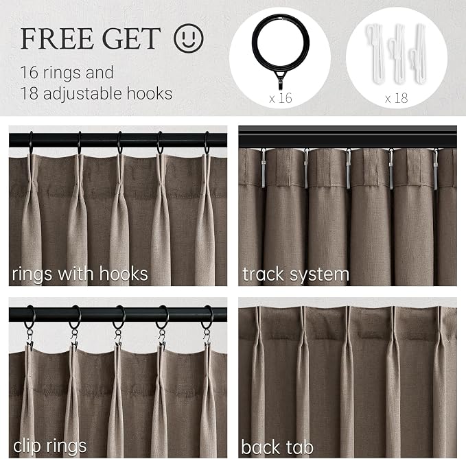Topfinel Pinch Pleated Linen Curtains 132 Inches Long for Living Room 2 Panels Set Dark Flax Pleat Drapes Back Tab Semi Sheer Fall Cozy Boho Ceiling to Floor 132 Inch Curtains for Bedroom Window,11FT