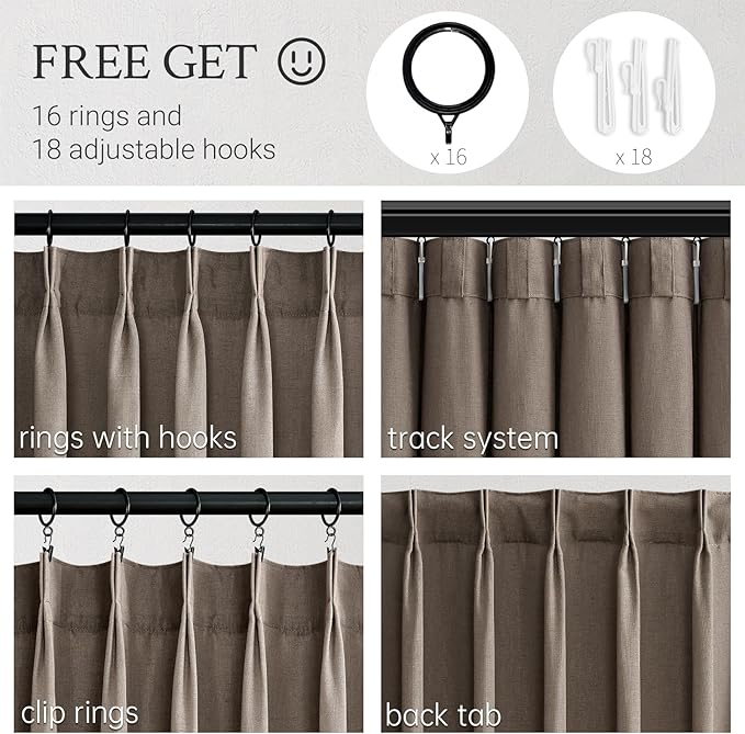 Topfinel 96 Inches Long Pinch Pleated Semi Sheer Curtains,Dark Flax Blended Light Filtering Window Curtains 96 Length for Living Room Bedroom Pinch Pleat Drapes with Hooks 1 Panels 72" Wx96 L