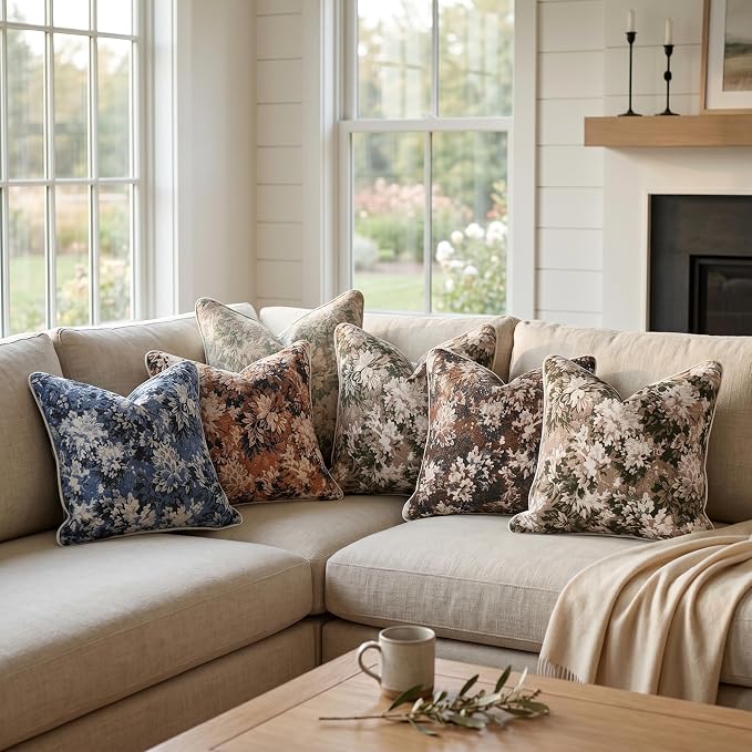 Vintage Floral Throw Pillow Covers 12x20 Inches Set of 2 Lumbar Boho Farmhouse Pillow Cases Premium Chenille Textured Decorative Cushion Covers for Couch Retro Garden Farmhouse Style Caramel