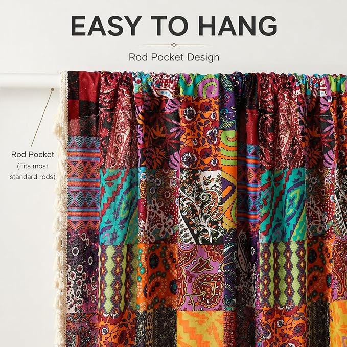 VOGOL Exotic Tribal Ethnic Boho Curtains, Jigsaw Art Print for High Windows, Bohemian Vintage Style Textured Fabric with Elegant Tassels, W59xL94, 1 Panel