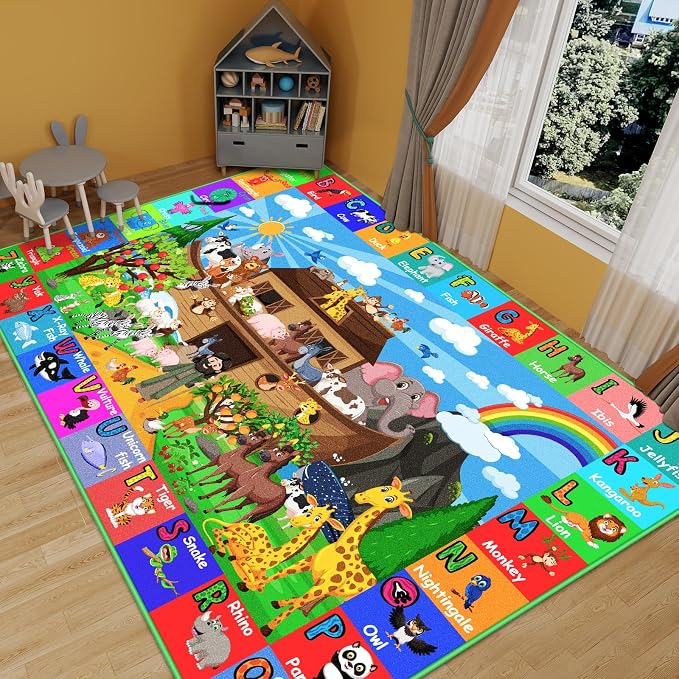 ABC Kids Rug for Playroom 110×78.7 in Noah's Ark Animals Rug Play Mat Alphabet Playmat Shape Color Classroom Carpet Kids Playroom Early Learning Carpet for Preschool Tummy