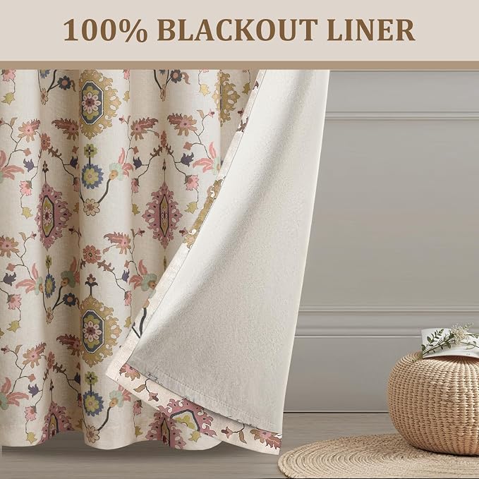 Boho Floral Blackout Curtains for Living Room, Beige Linen Textured Drapes with Colorful Bohemian Print 63 Inches Long 2 Panels Set Vintage Farmhouse Rustic Window Curtains Grommet Top