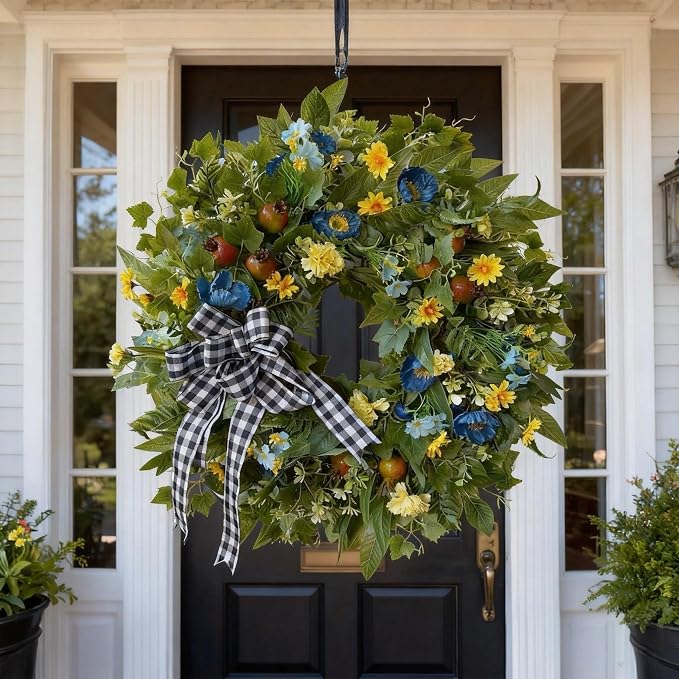 WANNA-CUL 24 Inch Blue Yellow Summer Wreath for Front Door All Season Decor | Blue Yellow Floral Wreath with Pomegranates and Daisies, 24-inch, Indoor Outdoor Farmhouse Decor for Spring Summer Fall