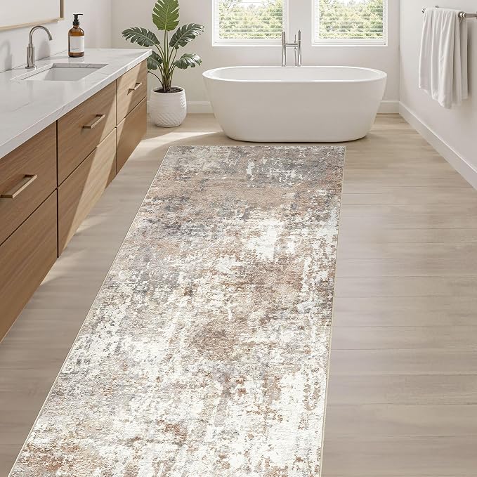 Runner Rug Kitchen Washable Rugs: 2x5 Non-Slip Abstract Soft Modern Stain Resistant Indoor Floor Neutral Accent Throw Carpet for Hallway Bathroom Laundry Room Entryway Bedroom- Brown