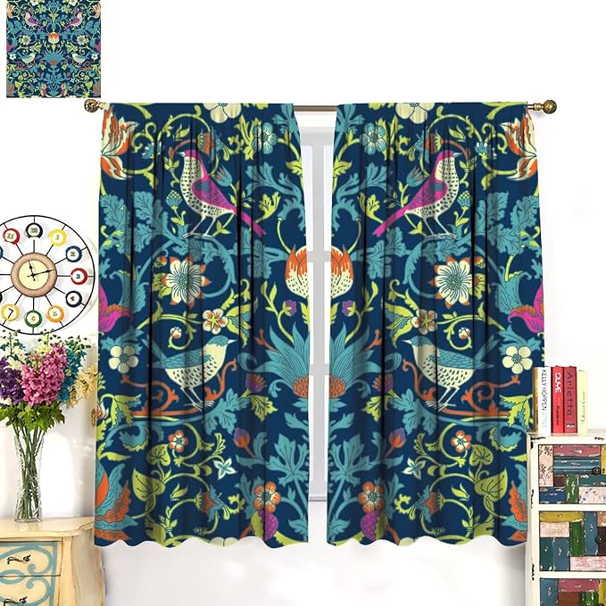 Boho William Morris Art Blackout Window Curtains, Magical Forest Vintage Flowers and Birds Rod Pocket Curtains, for Living Room Bedroom 36(W)*63(L) 2 Panels