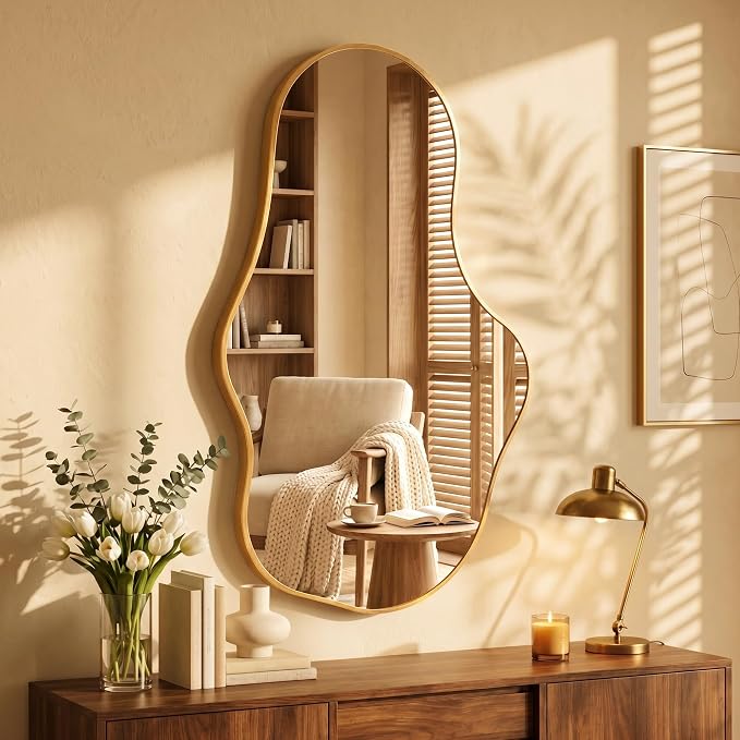 Dorlicecass Mirror Full Length - Wall Mirrors Decorative 26"x 43" Asymmetrical Abstract Aviation Aluminum Alloy Frame Unique for Bathroom, Bedroom, Living Room, Cloakroom, Entryway Gold