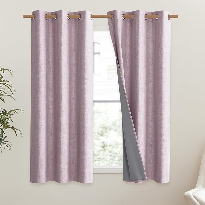 NICETOWN Pink Vintage Linen 100% Blackout Curtains for Dining Room, Thermal Insulated Curtains 45" Long, Noise Reducing Window Treatment Drapes for Kitchen, 42" Wide Per Panel, Set of 2