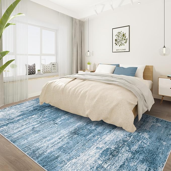 Washable Rug 6x9 Area Rugs for Living Room: Neutral Soft Rug Abstract Non Slip Low Pile Modern Carpet for Bedroom Kitchen Nursery Office Dining Room Indoor (Darkblue, 6'x9')