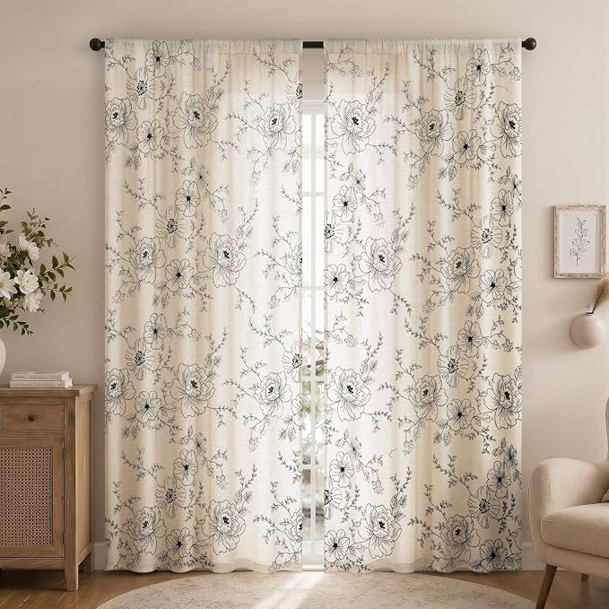Boho Floral Curtains, Vintage Farmhouse Curtains 84 Inches Long, Black Cottage Core Flower 2 Panels