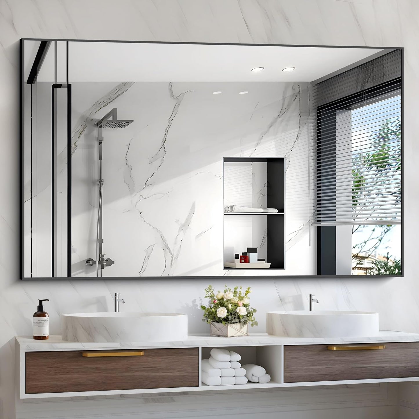 Black Bathroom Mirror, 48"X36" Rectangle Mirrors for Wall Metal Frame, Modern Vanity Wall Mirror for Bathroom Living Room, Entryway Hangs Horizontal or Vertical