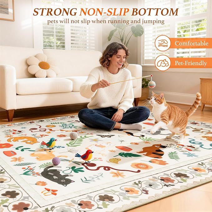 LIANLAM 8x10 Cat Lover's Area Rug, Washable Large Rug with Artistic Feline Design for Living Room & Bedroom, Pet Friendly Non-Slip Soft Carpet, Stain Resistant & Easy Clean(8x10,Beige)
