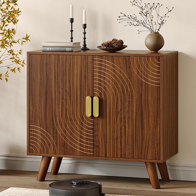 Sideboard Buffet Cabinet with Storage, Line-Grooved Storage Cabinet, Walnut | Accent Cabinet with Doors and Adjustable Shelf for Kitchen Dining Living Room Hallway‌ Entryway