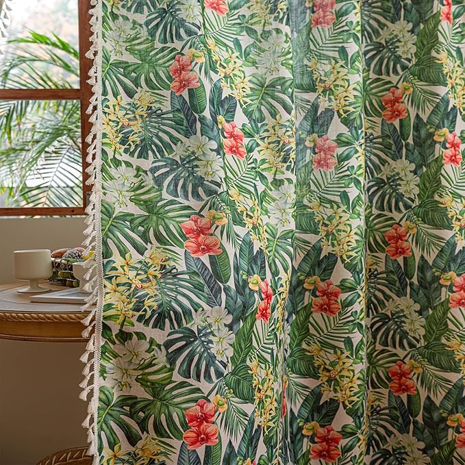 Deeprove Boho Curtains 2 Panels Set for Bedroom Living Room 63 inches Length Bohemian Light-Filtering Leaf Floral Plant Print Decorative Tropical Privacy Vintage Window Drapes 52W x 63L