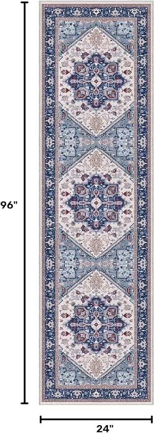 OPPODREAM Soft Entryway Rug 2x8, 2x8 Rug Runner, Washable Hallways Carpet 2 x 8 with Non Slip Backing, Low-Pile Bedside Carpet 2 x 8, Long, Faux Cashmere, Navy Blue & Red & Cream