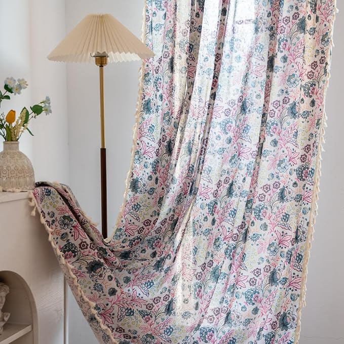 OYX Boho Crochet Curtains 96 Inch Length 2 Panels for Living Room, Bedroom Light Filtering Drapes, Farmhouse Vintage Country French Rustic Tassels Pattern Rod Pocket Aesthetic Decor Window Treatments