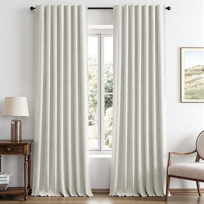 MIULEE 100% Blackout Linen Curtains for Bedroom, Light Beige Solid Luxury Decor Thermal Insulation Room Darkening Drapes for Living Room Back Tab Rod Pocket 42 x 96 Inches, 2 Panels
