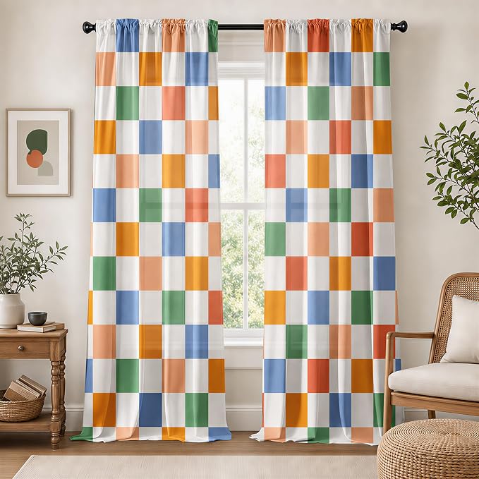 Colorful Checkered Curtains for Bedroom,Rod Pocket 60s 70s Semi Sheer Curtains Farmhouse Retro Checkerboard Light Filtering Drapes for Living Room,Set of 2 Window Curtain Panels,52 x 84 Inch