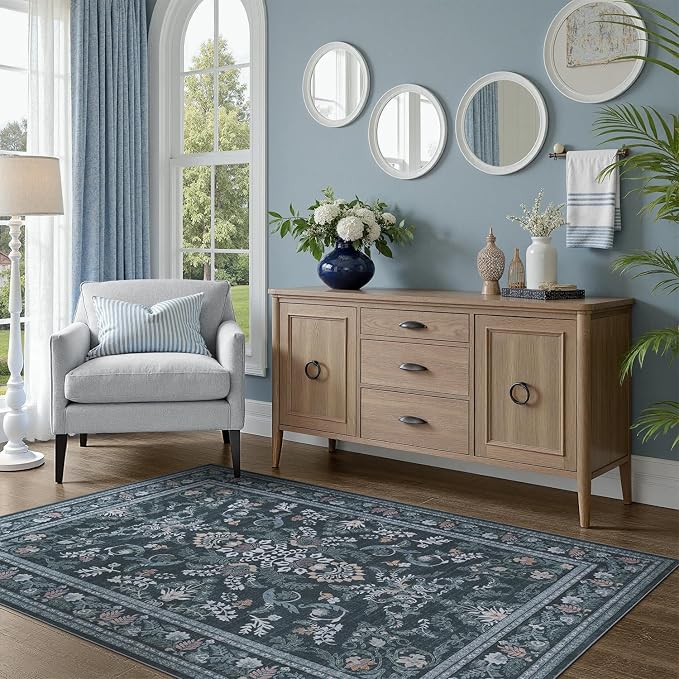 DCX Navy Blue 3x5 Entryway Rug, Machine Washable with Non Slip Backing Vintage Floral Rug Soft Low Pile, Stain Resistant for Entryway, Kitchen, Bathroom, Front Door