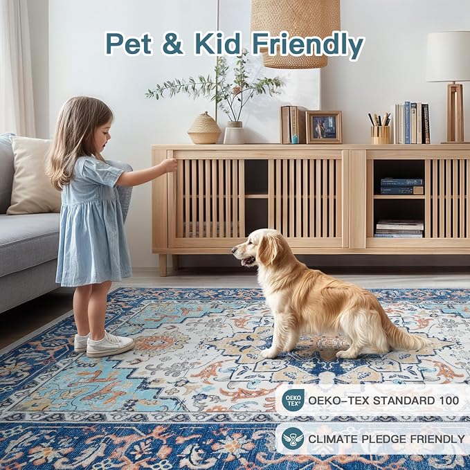 Lofus 5x7 Area Rugs for Living Room, Washable Area Rug, Rugs for Bedroom, Kitchen, Vintage Boho Carpet, Soft Non-Slip, Low Pile Large Area Rug for Office Dining Room, Floral Blue