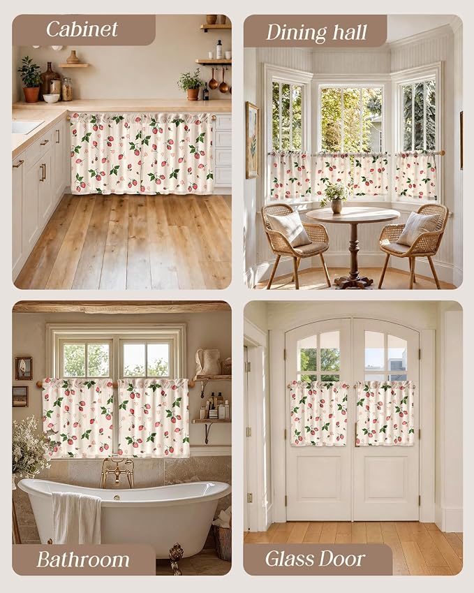Miss Adola Farmhouse Kitchen Tier Curtains - 24 Inch Length Linen Blend Country Cafe Curtains Strawberry Small Window Treatments Over Sink Rod Pocket for Bathroom Living Room Light Filtering, 2 Panels