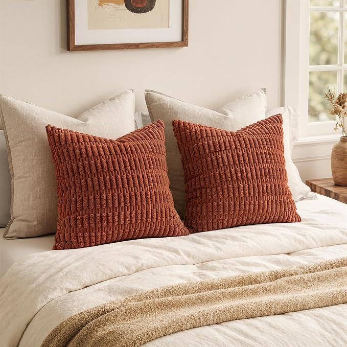 MIULEE Fall Pack of 2 Rust Corduroy Decorative Pillow Covers 20x20 Inch Soft Boho Striped Throw Pillow Covers Modern Farmhouse Home Decor for Sofa Living Room Couch Bed