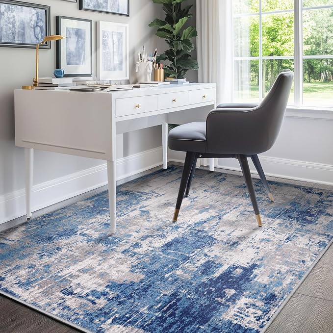 RELEANY Washable Area Rugs 7'x9' Non-Slip Modern Abstract Soft for Living Room Entryway Bedroom Kitchen, Print Pattern, Blue Grey Navy Gray