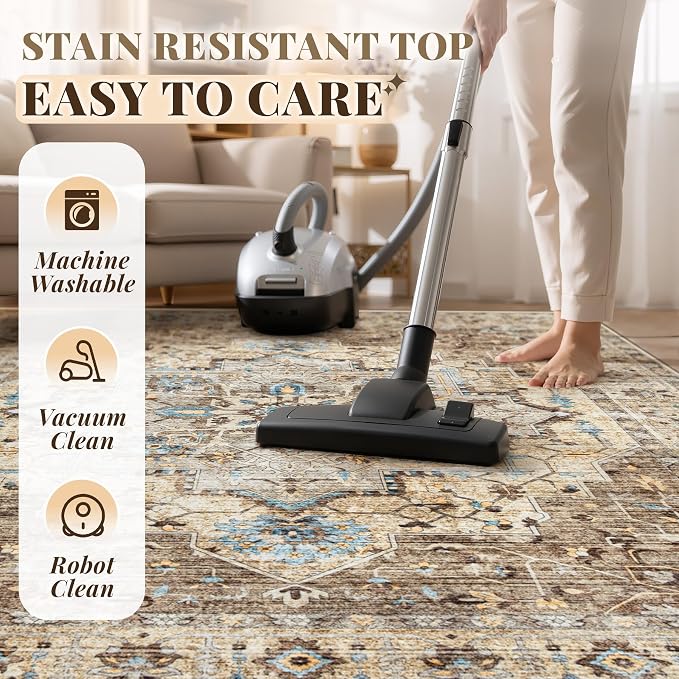 Area Rug 6x9 Vintage Rug: Washable Indoor Medallion Rugs Low Pile Distressed Floor Carpet Retro Accent Rug for Living Room Bedroom Kitchen Dining Table Home Office(Brown/Blue, 6'x9')