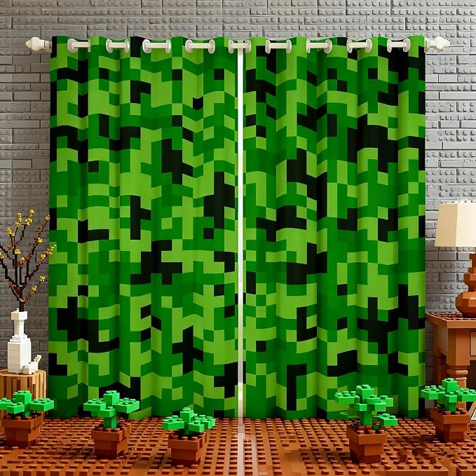 Castle Fairy Green Pixelated Miner Curtains for Kids Boys Bedoroom Decor,Video Games Window Curtain,Cartoon Gamepad Window Treatment Curtain Modern Geometric Check Window Drapes,2 Panels,42Wx63L