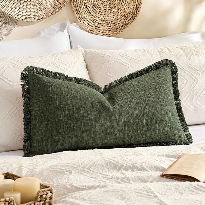 Kevin Textile 14x24 Inch Lumbar Pillow Cover 1 Pack Boho Fringe Decorative Rectangle Cushion Case with Tassels Neutral Cotton Woven Textured Farmhouse for Living Room Couch Sofa Bed, Olive Green