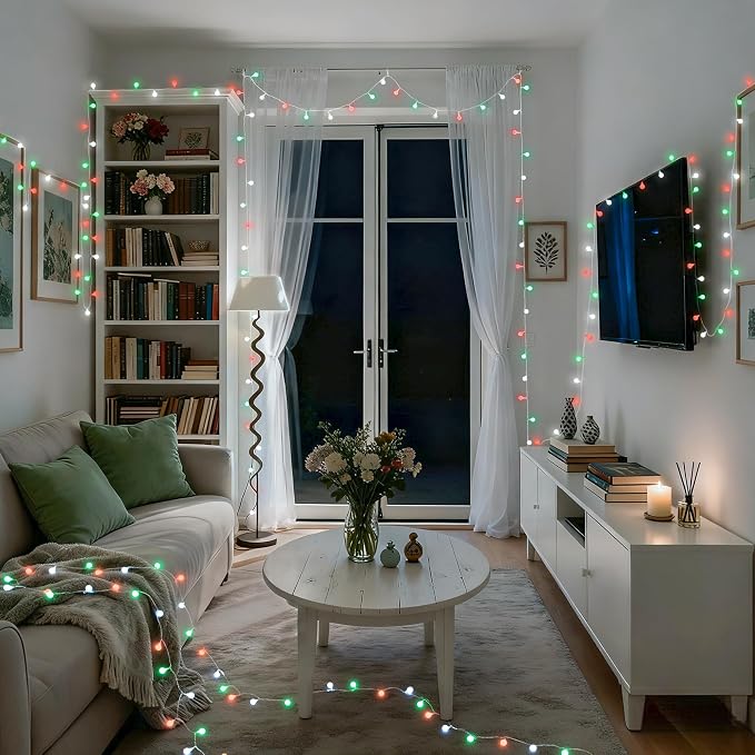 JMEXSUSS 33ft 100 LED Globe Red White and Green Christmas String Lights | Connectable Christmas Lights Plug in with Remote, 8 Modes Fairy Lights Outdoor for Christmas Room Party Home Decor