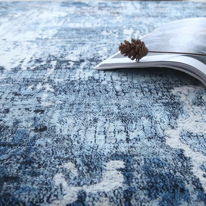Rugcomf 9x12 Boho Rug Soft Area Rug Non-Slip Non-Shedding Faux Wool Vintage Rug for Living Room, Dining Room, Kids Playroom, Blue