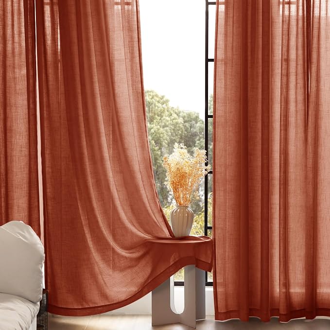 86 inch Linen Terracotta Curtains 2 Panels for Living Room Back Tab Light Filtering Semi Sheer Rust Colored Curtains 86 inches Long Soft Thick Cotton Cloth Textured Rustic Boho Farmhouse Room Decor