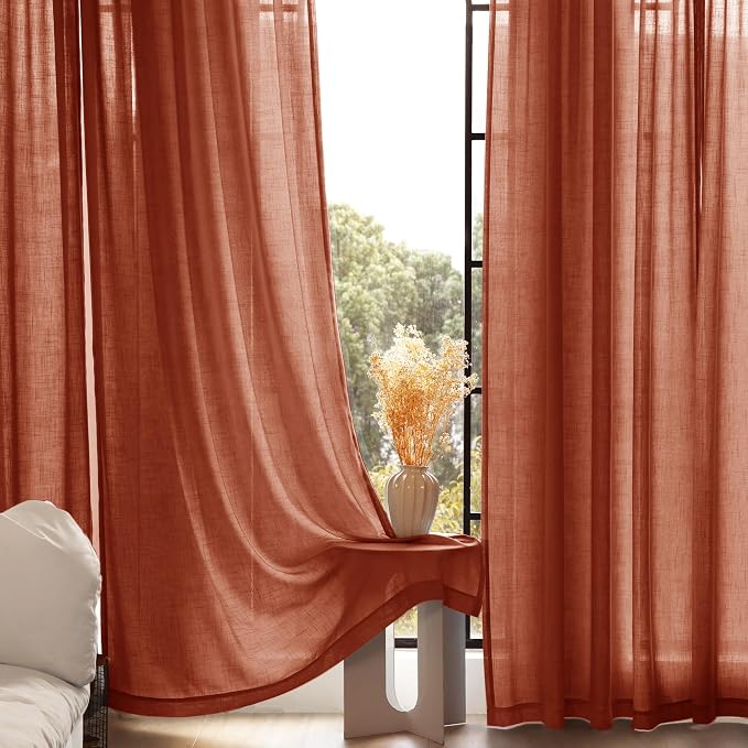 102 inch Linen Terracotta Curtains 2 Panels for Living Room Back Tab Light Filtering Semi Sheer Rust Colored Curtains 102 inches Long Soft Thick Cotton Cloth Textured Rustic Boho Farmhouse Room Decor