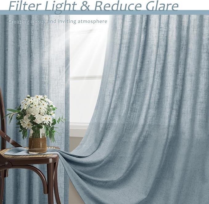Aersas Light Blue Back Tab Curtains Linen 120 Inches 2 Panels for Living Room Bedroom Privacy Windows Treatment Light Filtering Sliding Glass Door Drapes House Neutral Casual Decorations 52x120