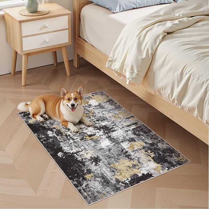Abstract 2x3 Area Rug: Machine Washable Non Slip Ultra Thin Low-Pile Carpet, Soft Stain Resistant for Entryway Kitchen Bathroom, Kid Pet Friendly, Robot Vacuum Compatible - Black Gold