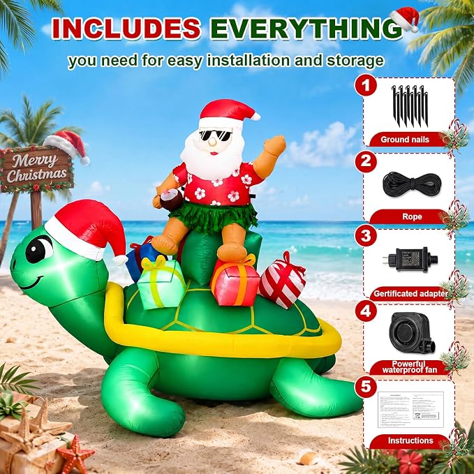 Leyndo Christmas in July Inflatable,6 ft Huge Christmas Inflatables Santa Claus Ride on Sea Turtle,Built-in LED Xmas Blow up Yard Decorations for Holiday Party Lawn Beach Supplies
